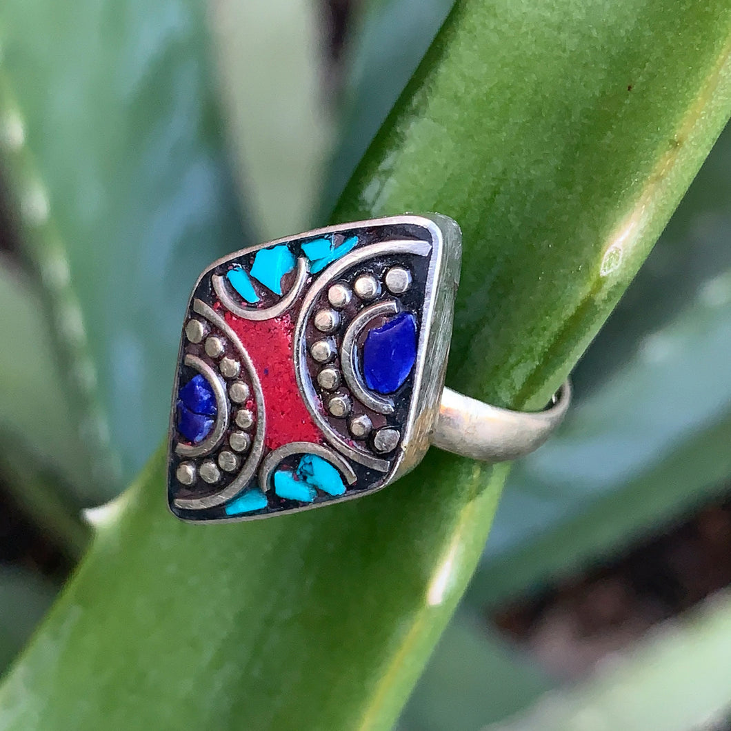 Ring-Berber Silver with Tri-Colored Stones