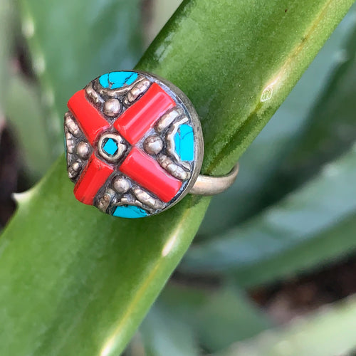 Ring-Berber Silver with Turquoise and Coral